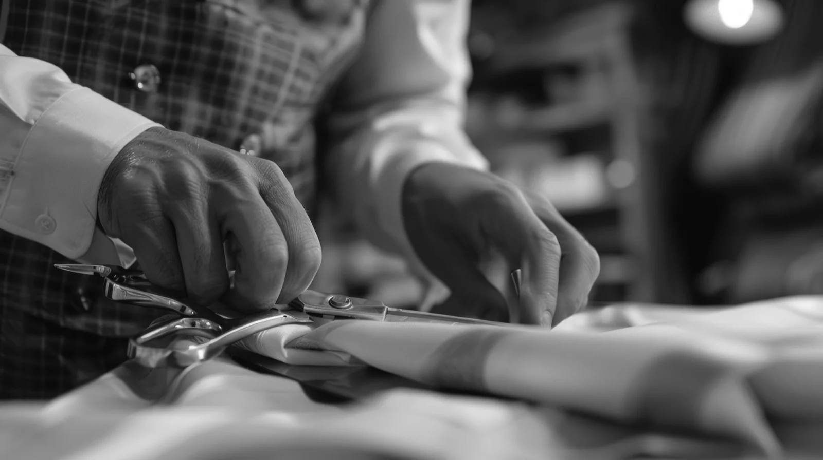Cutter shaping cloth by hand in the atelier