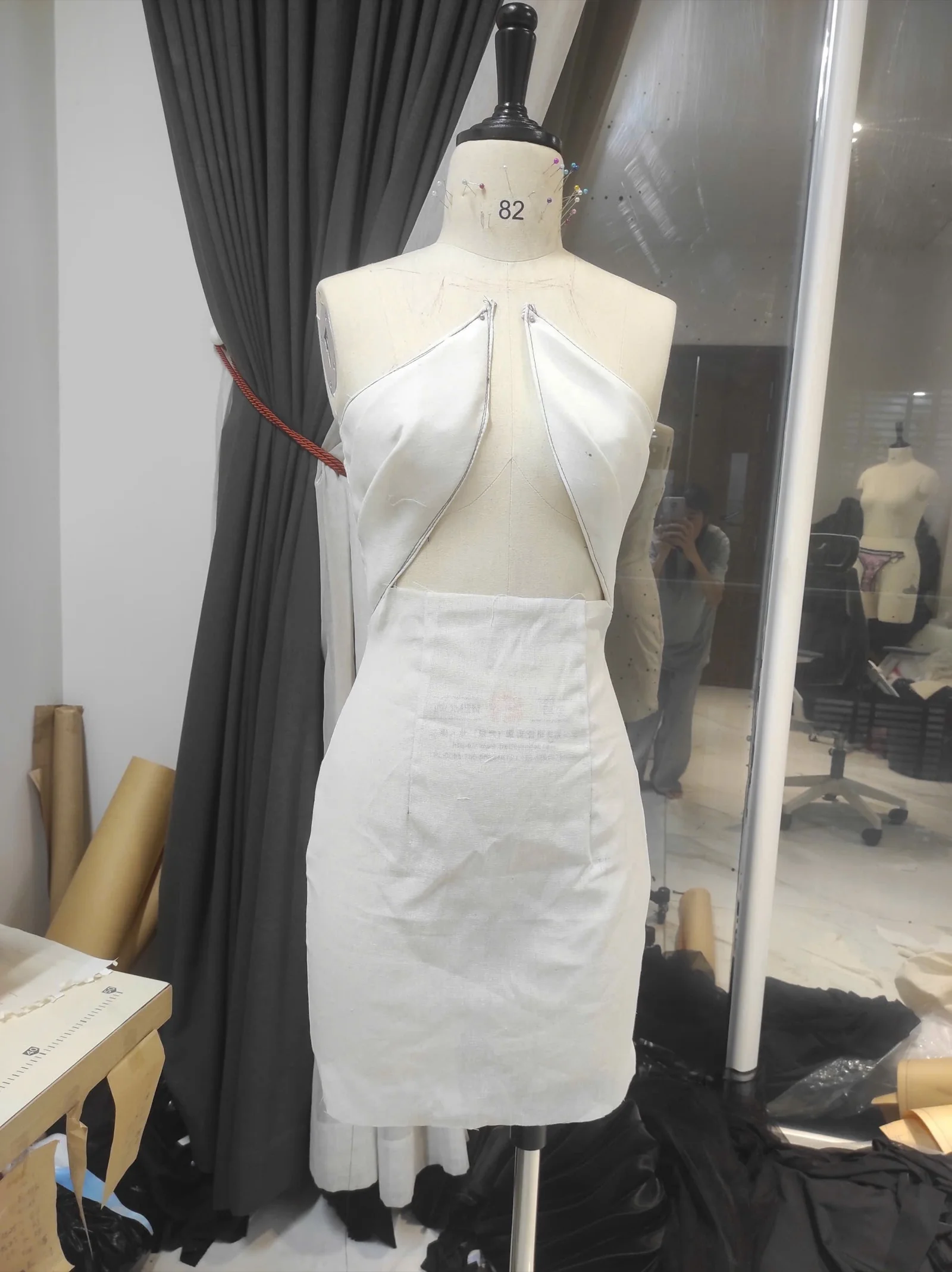 Our atelier — sample bodice on form, work in progress