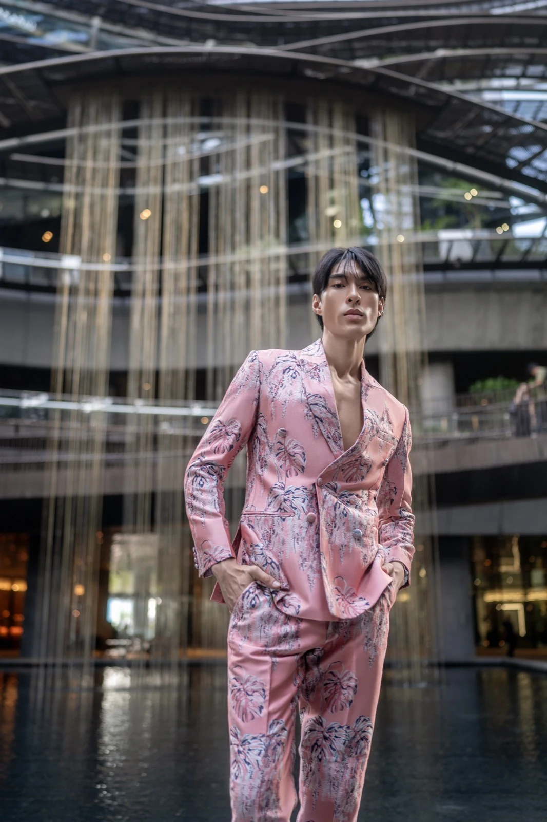Pink floral printed double-breasted, atrium editorial