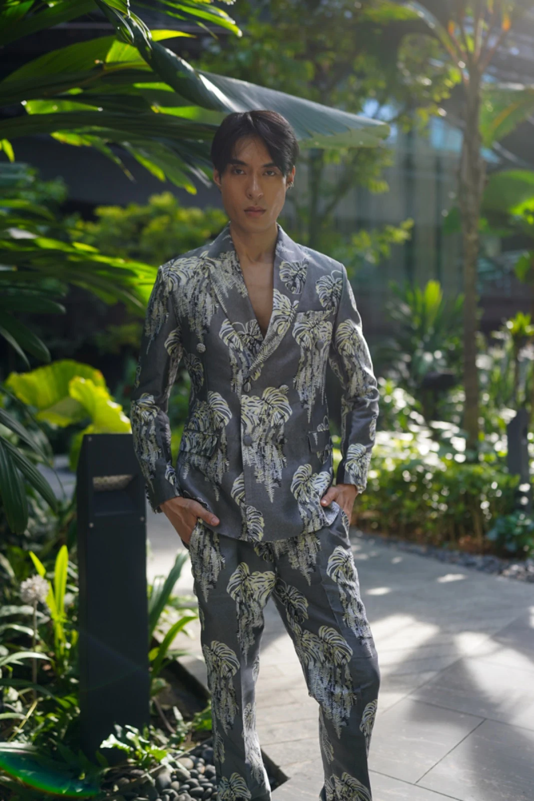 Gray-yellow floral jacquard two-piece