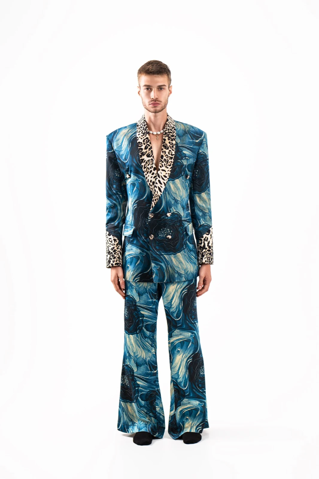 Blue marbled-print suit with leopard lapels