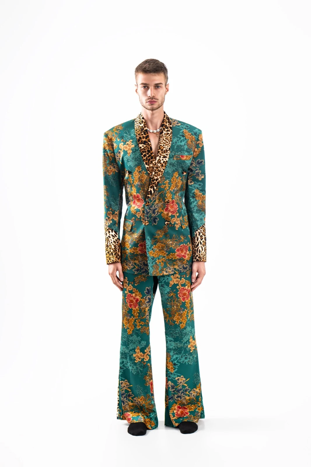 Green floral suit with leopard contrast