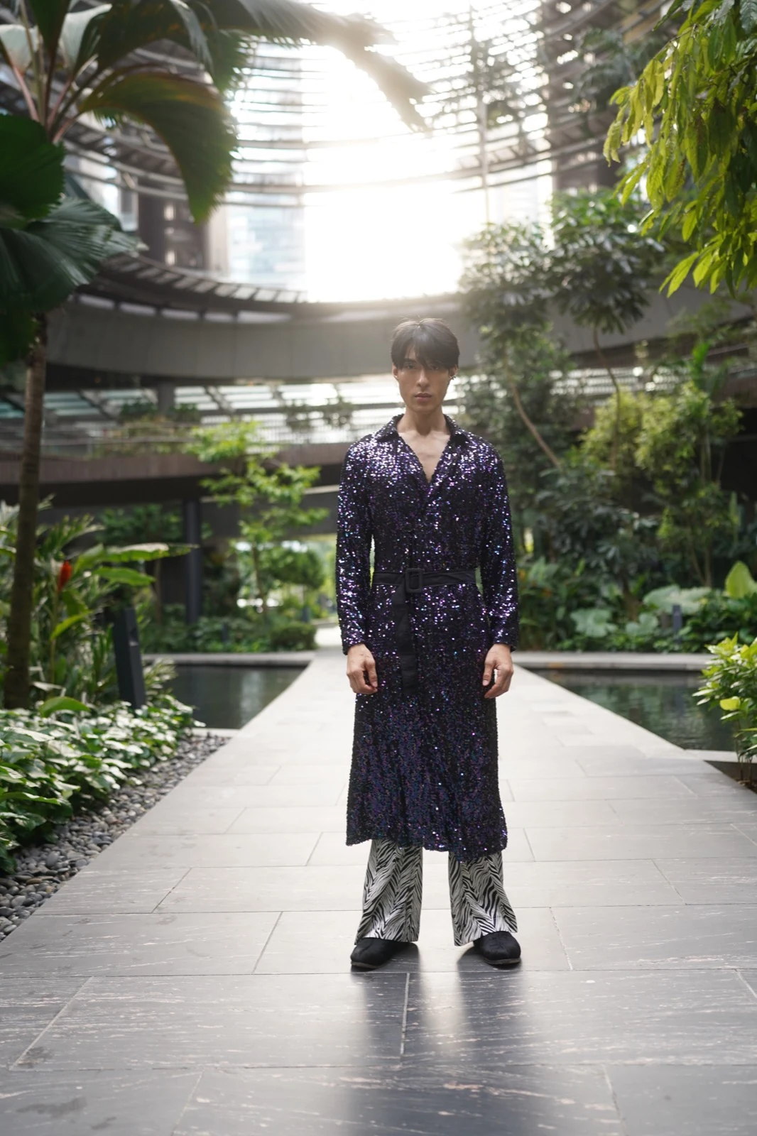 Purple sequin long coat with zebra trousers