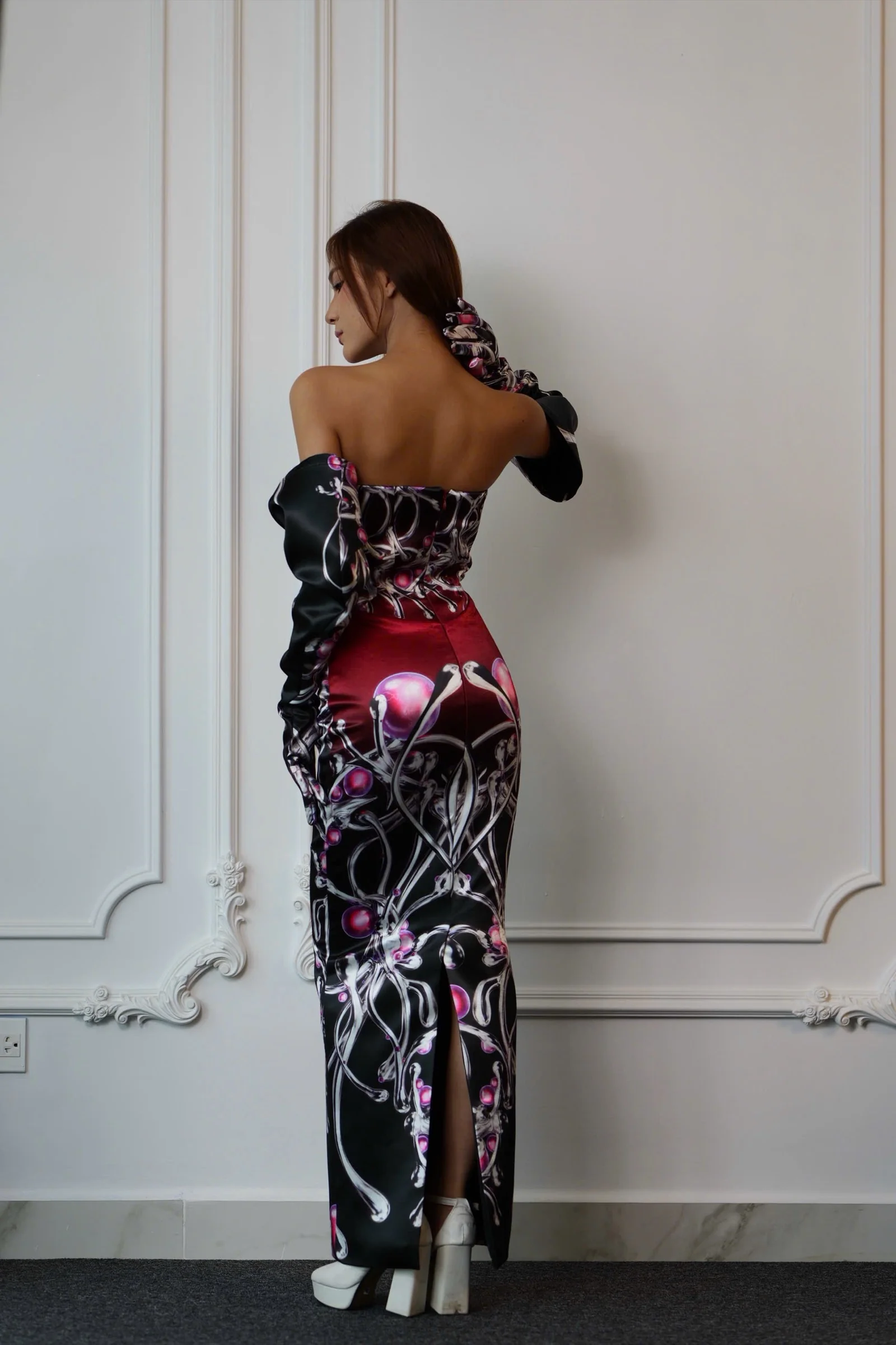 Baroque print dress, salon