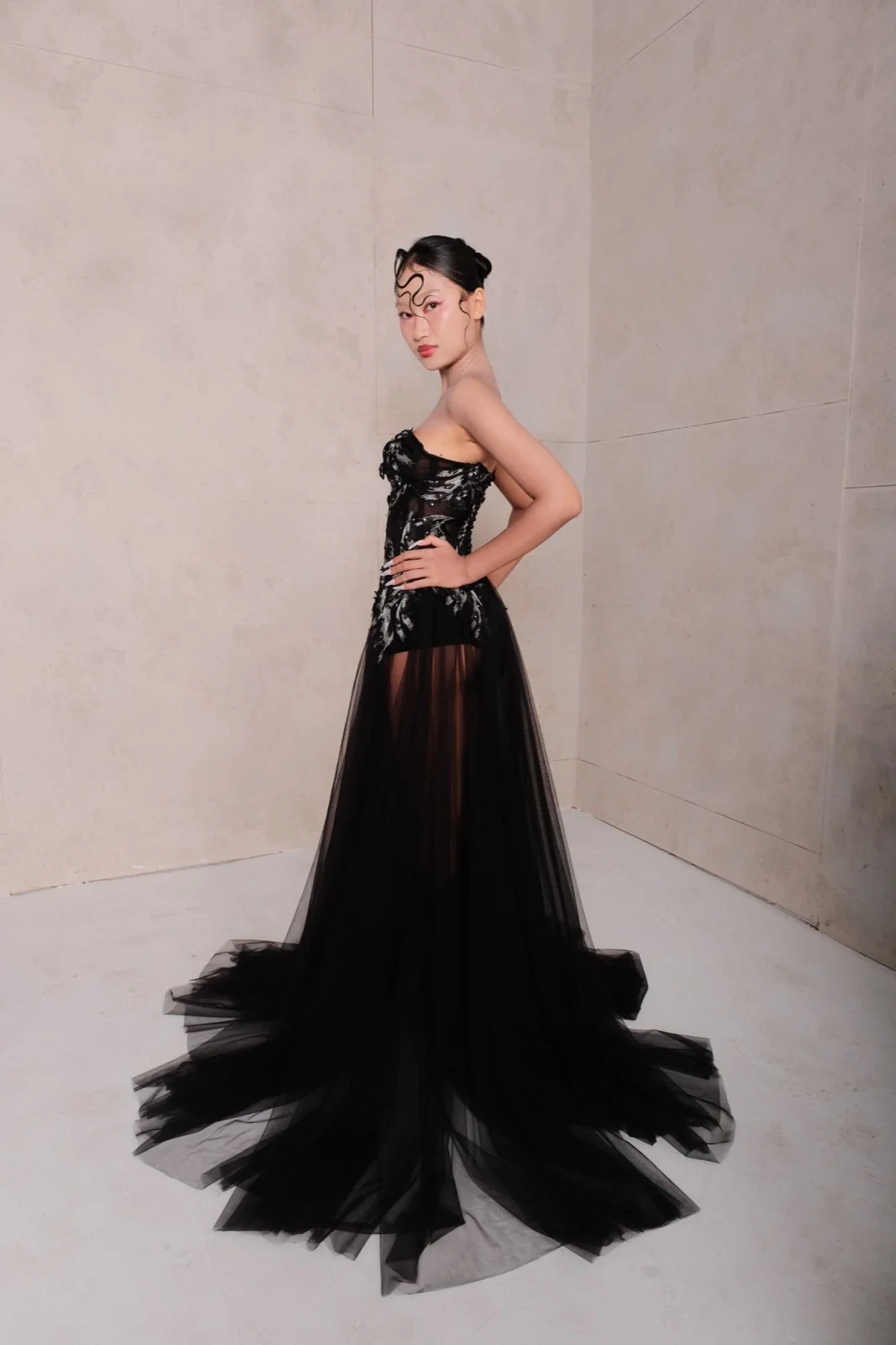 Black tulle couture gown