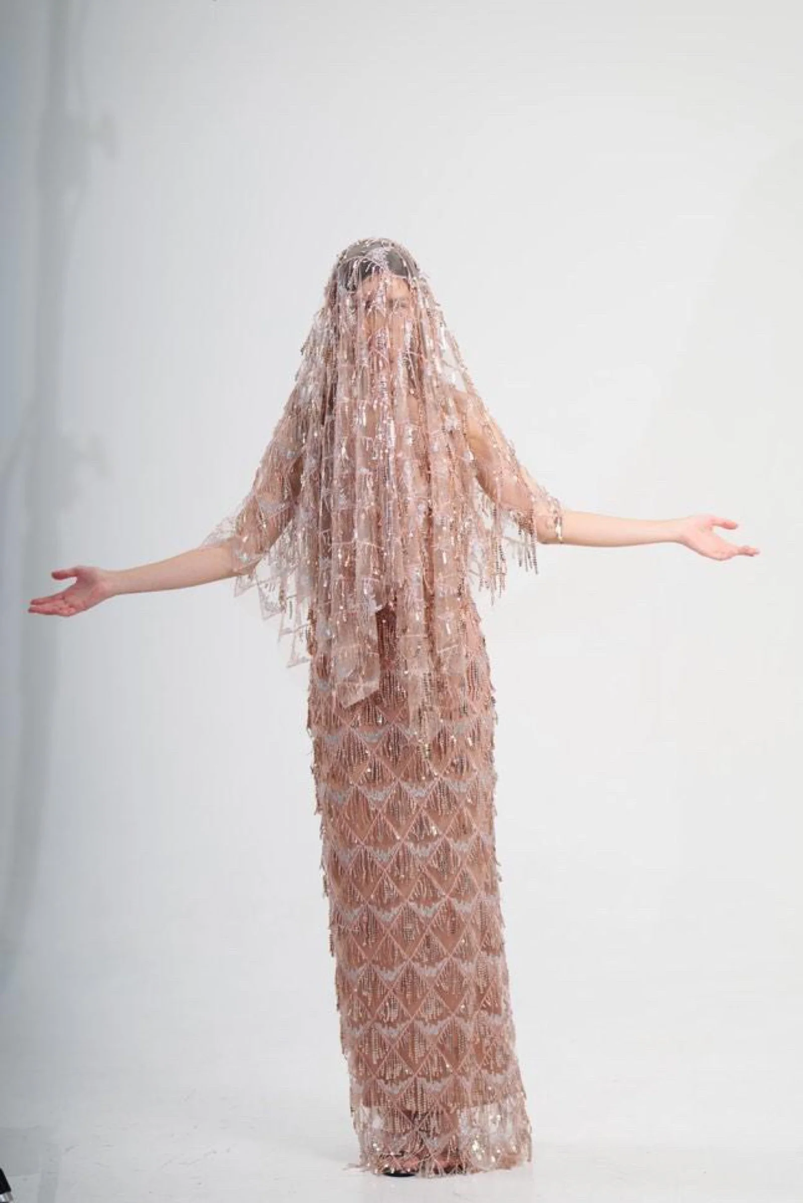Beaded gown with matching veil